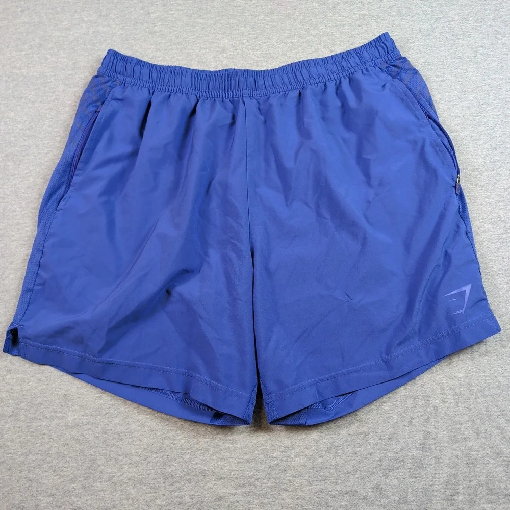 Gymshark Mens XL Blue Sport Stripe Shorts Zipper Pockets Mesh Panels A1A9T